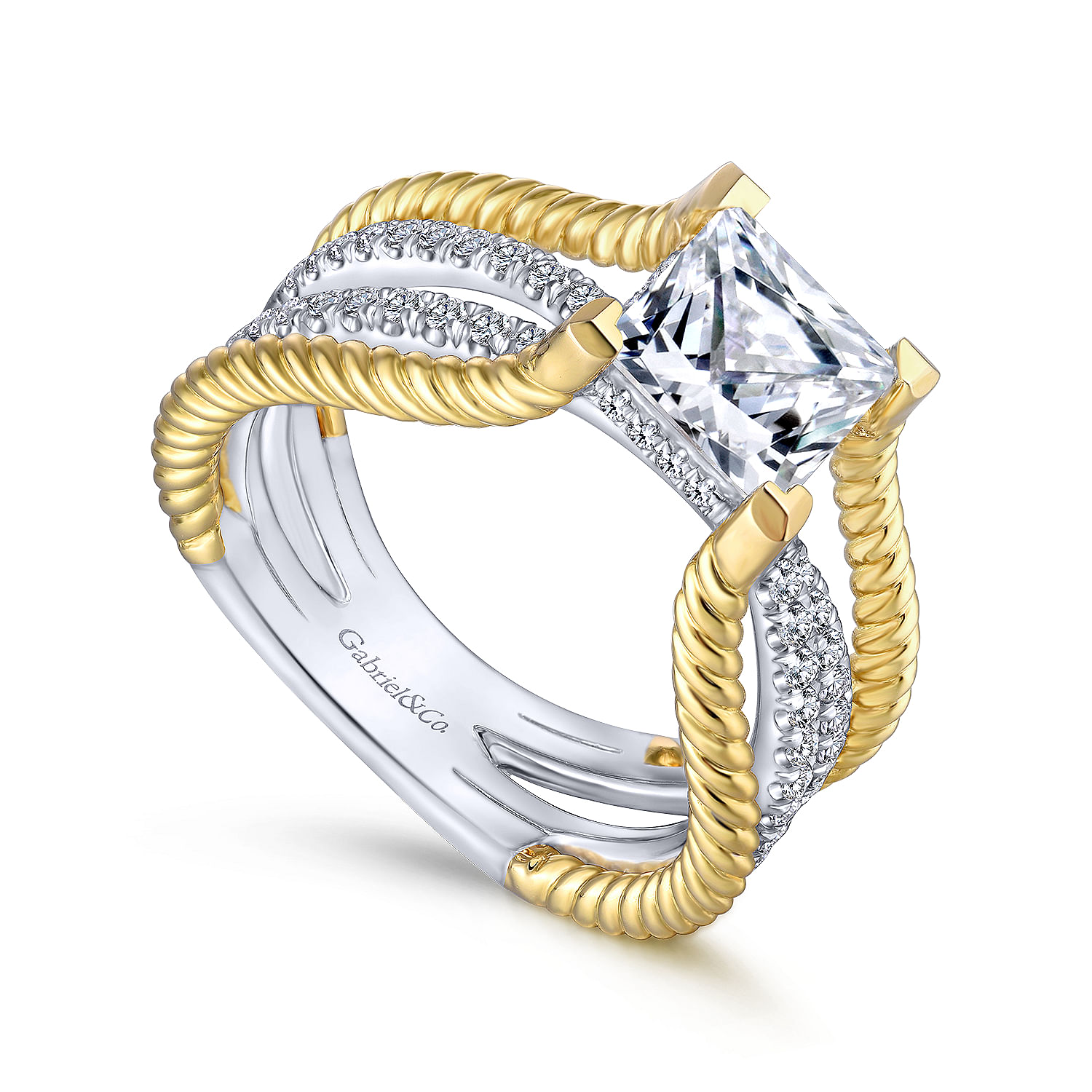 14K White-Yellow Gold Free Form Princess Cut Diamond Engagement Ring