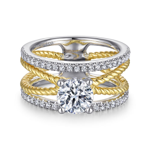 14K White-Yellow Gold Free Form Round Diamond Engagement Ring