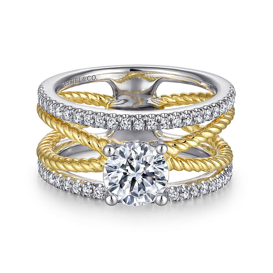 Gabriel - 14K White-Yellow Gold Free Form Round Diamond Engagement Ring