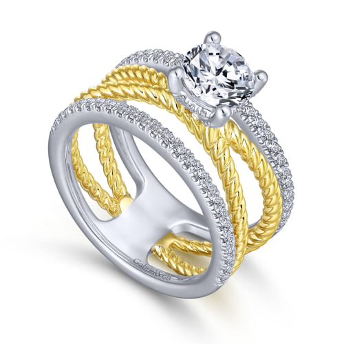 14K White-Yellow Gold Free Form Round Diamond Engagement Ring
