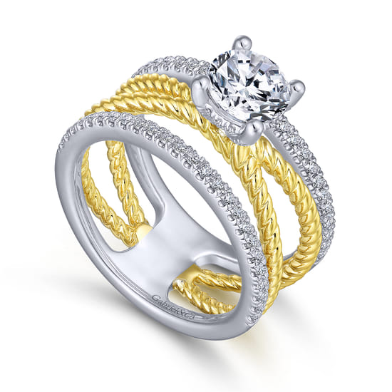 14K White-Yellow Gold Free Form Round Diamond Engagement Ring angle 3