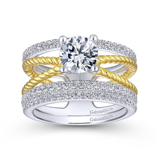14K White-Yellow Gold Free Form Round Diamond Engagement Ring angle 4