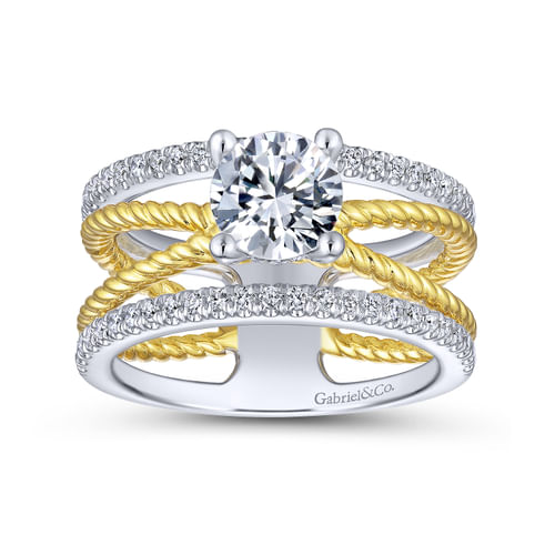 14K White-Yellow Gold Free Form Round Diamond Engagement Ring