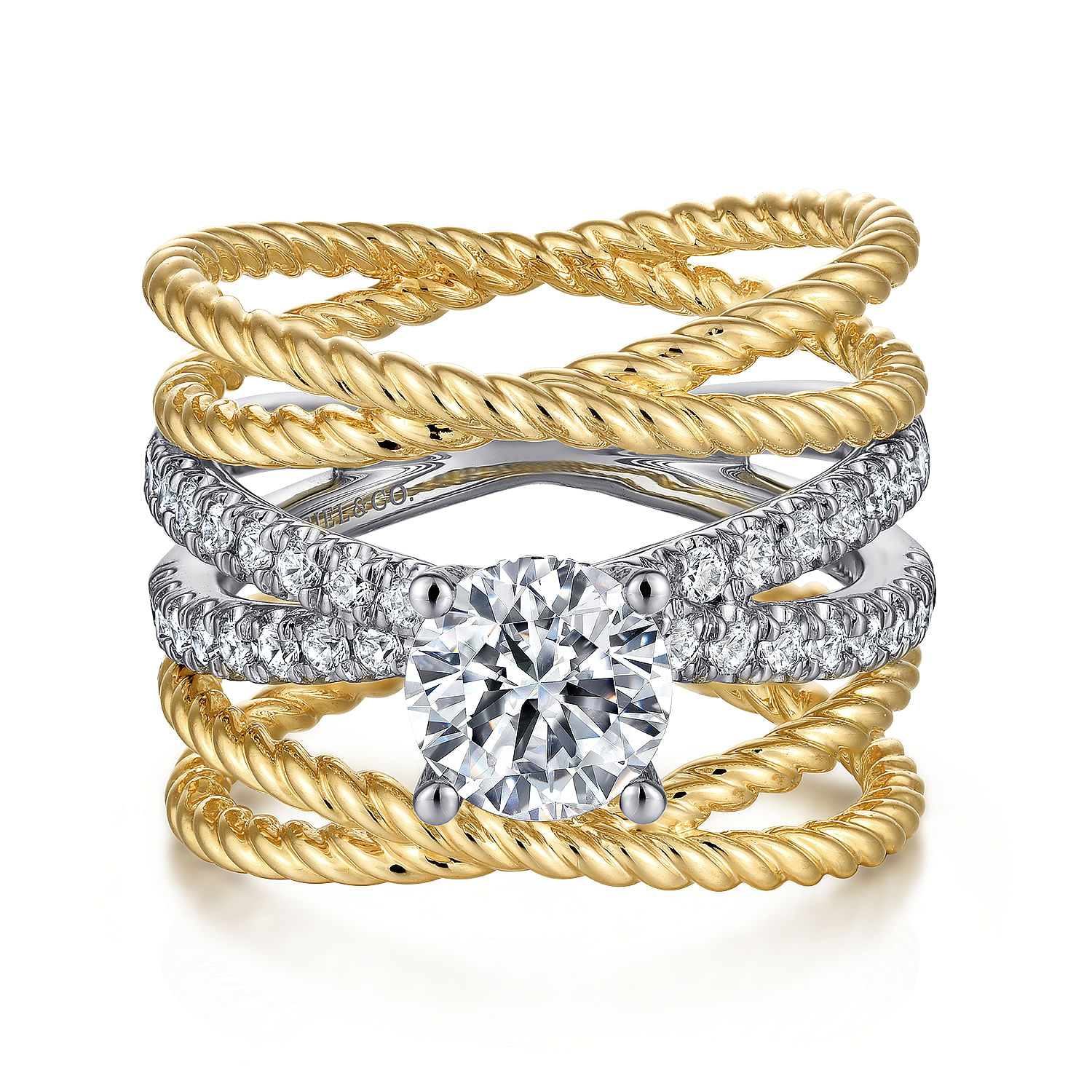 Gabriel - 14K White-Yellow Gold Free Form Round Diamond Engagement Ring