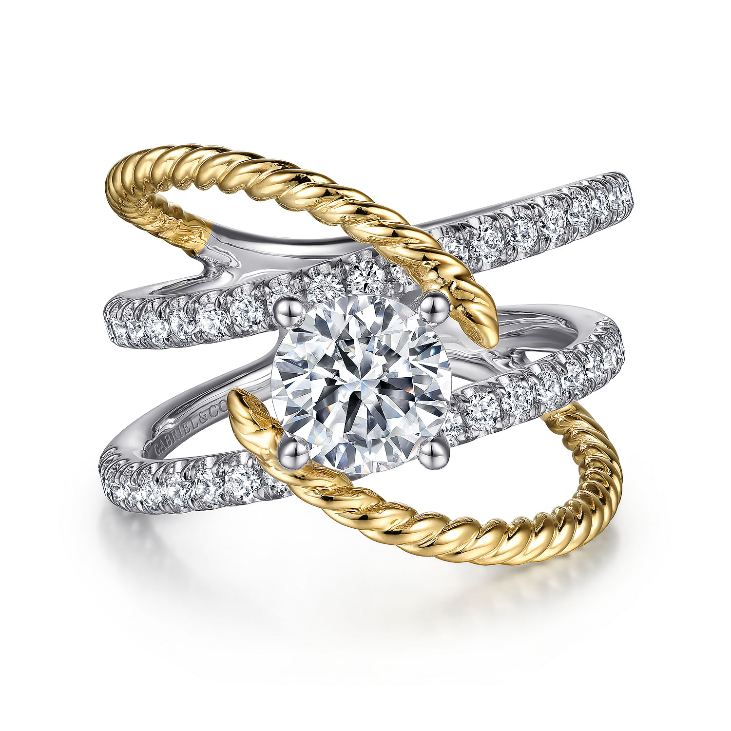 Gabriel - 14K White-Yellow Gold Free Form Round Diamond Engagement Ring