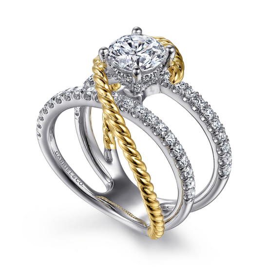 14K White-Yellow Gold Free Form Round Diamond Engagement Ring angle 3
