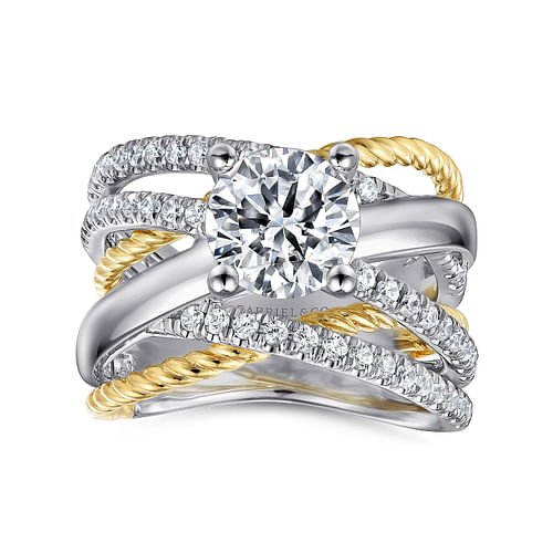 14K White-Yellow Gold Free Form Round Diamond Engagement Ring