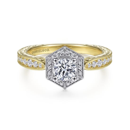 Gabriel - 14K White-Yellow Gold Hexagonal Halo Round Complete Diamond Engagement Ring