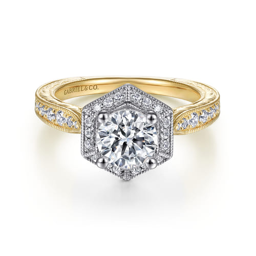 14K White-Yellow Gold Hexagonal Halo Round Diamond Engagement Ring