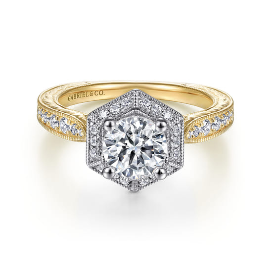 Gabriel - 14K White-Yellow Gold Hexagonal Halo Round Diamond Engagement Ring