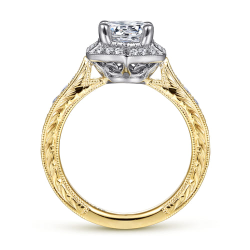 14K White-Yellow Gold Hexagonal Halo Round Diamond Engagement Ring