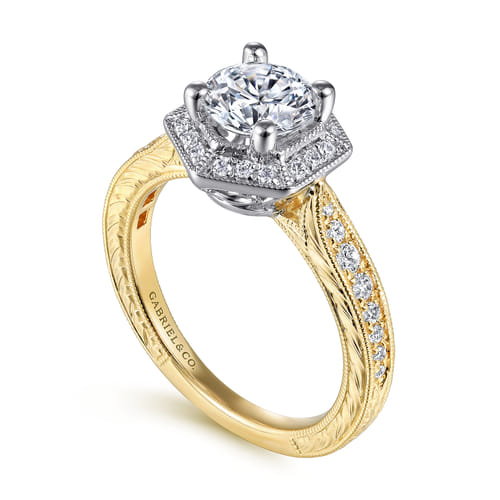 14K White-Yellow Gold Hexagonal Halo Round Diamond Engagement Ring