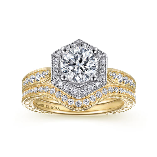 14K White-Yellow Gold Hexagonal Halo Round Diamond Engagement Ring