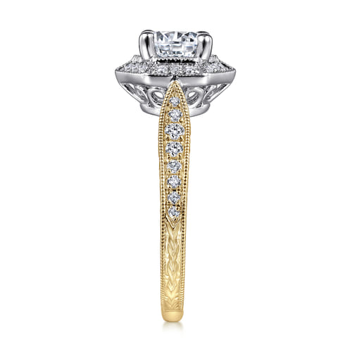 14K White-Yellow Gold Hexagonal Halo Round Diamond Engagement Ring