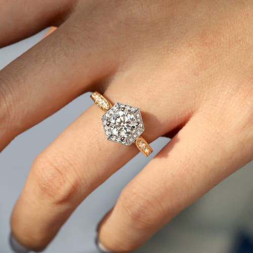 14K White-Yellow Gold Hexagonal Halo Round Diamond Engagement Ring