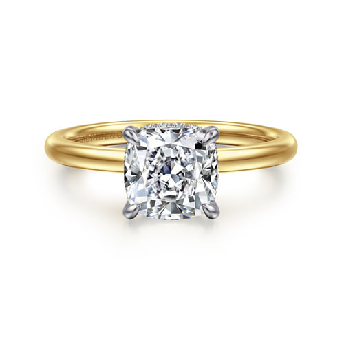 14K White-Yellow Gold Hidden Halo Cushion Diamond Engagement Ring