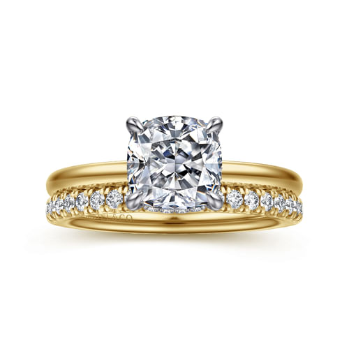 14K White-Yellow Gold Hidden Halo Cushion Diamond Engagement Ring
