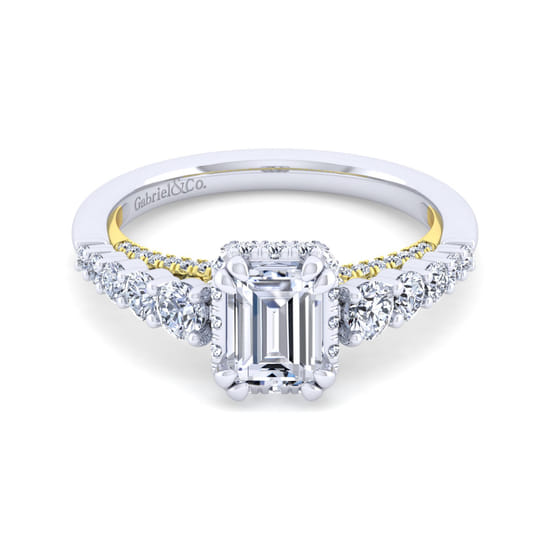 Gabriel - 14K White-Yellow Gold Hidden Halo Emerald Cut Diamond Engagement Ring
