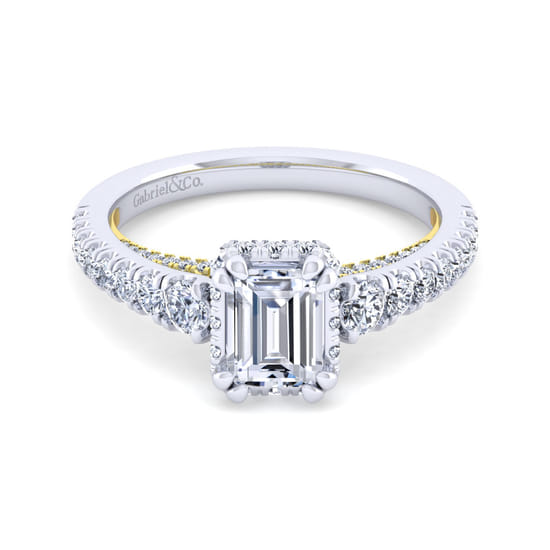 Gabriel - 14K White-Yellow Gold Hidden Halo Emerald Cut Diamond Engagement Ring