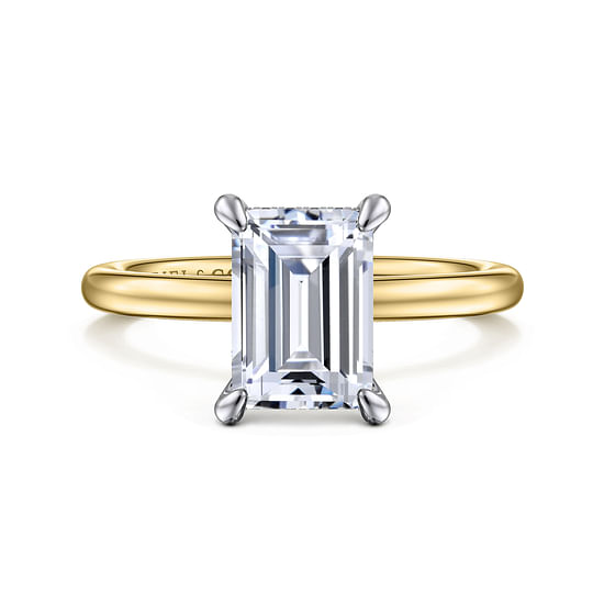 Gabriel - 14K White-Yellow Gold Hidden Halo Emerald Cut Diamond Engagement Ring