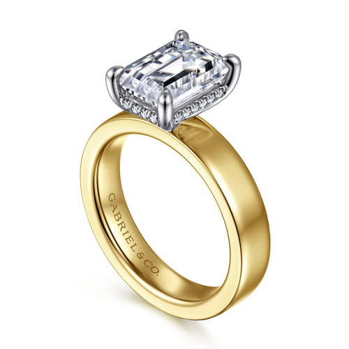 14K White-Yellow Gold Hidden Halo Emerald Cut Diamond Engagement Ring