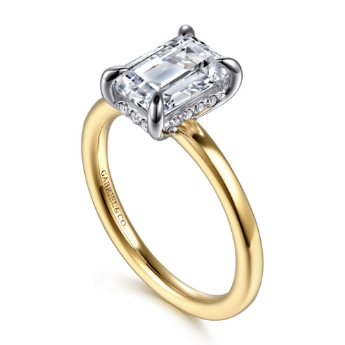 14K White-Yellow Gold Hidden Halo Emerald Cut Diamond Engagement Ring
