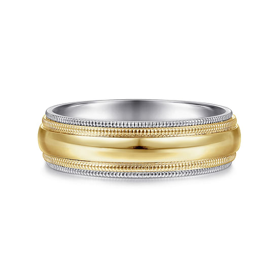 Gabriel - 14K White-Yellow Gold High Polish Men's Wedding Band with Milgrain Edge