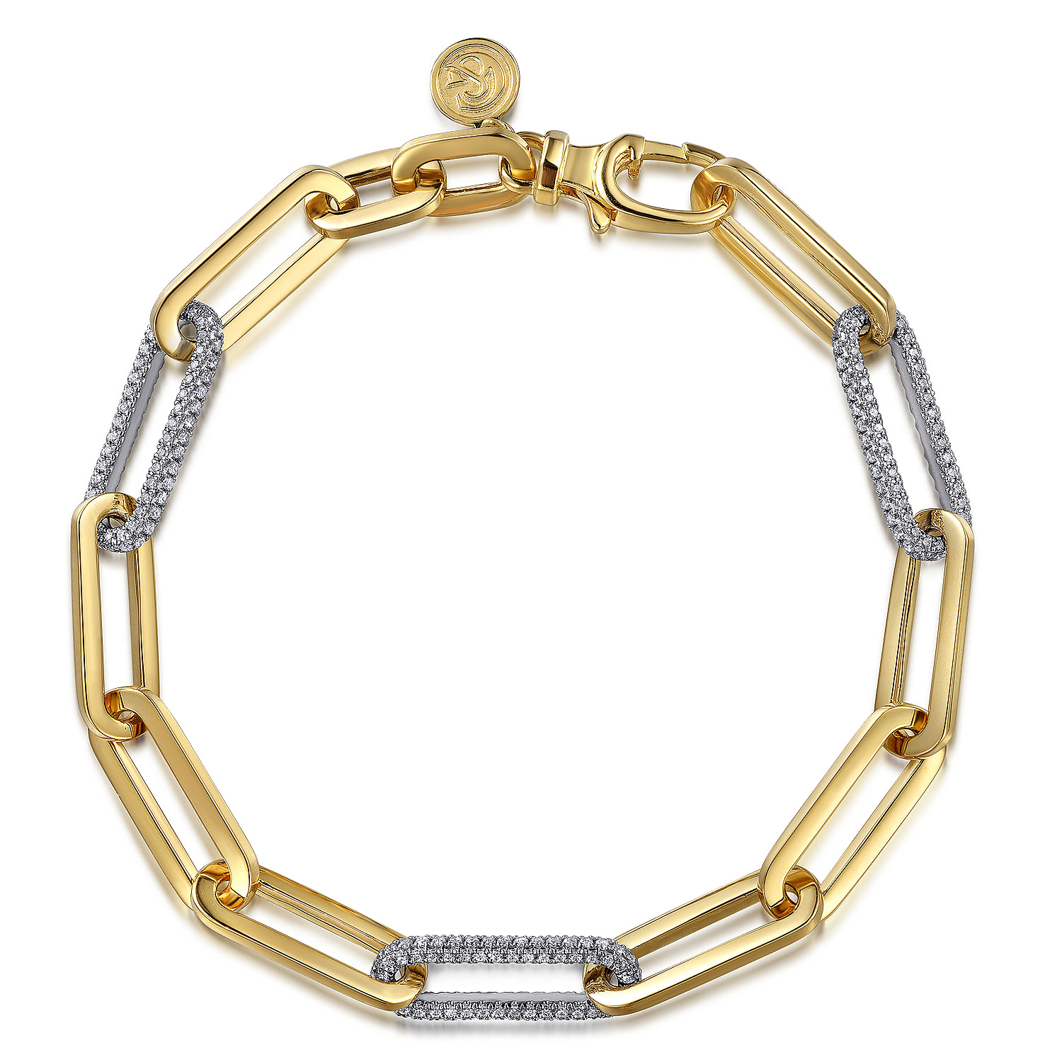 14K White-Yellow Gold Hollow Paperclip Chain Bracelet with Diamond Pavé Link Stations