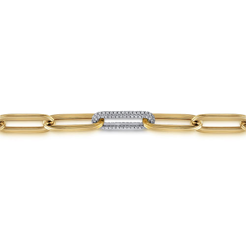 14K White-Yellow Gold Hollow Paperclip Chain Bracelet with Diamond Pavé Link Stations