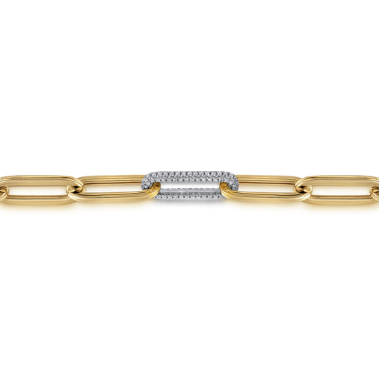 14K White-Yellow Gold Hollow Paperclip Chain Bracelet with Diamond Pavé Link Stations angle 2