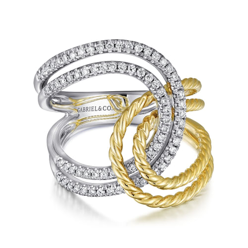 14K White-Yellow Gold Interlocking Loops Wide Band Diamond Ring