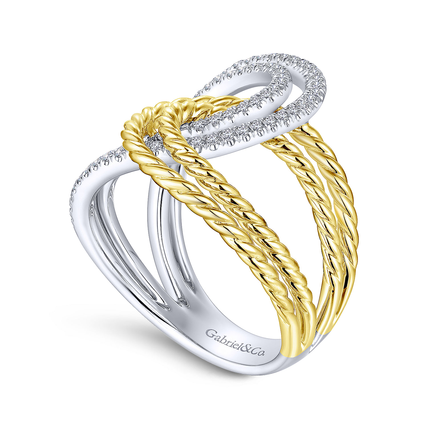 14K White-Yellow Gold Interlocking Loops Wide Band Diamond Ring