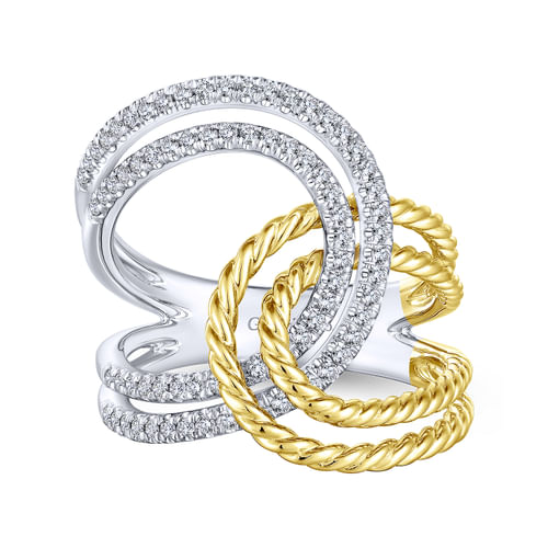 14K White-Yellow Gold Interlocking Loops Wide Band Diamond Ring