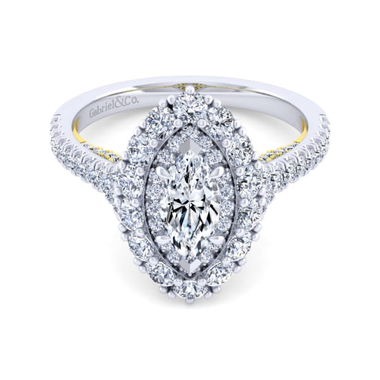 Gabriel - 14K White-Yellow Gold Marquise Shape Double Halo Diamond Engagement Ring Gabriel - 14K White-Yellow Gold Marquise Shape Double Halo Diamond Engagement Ring