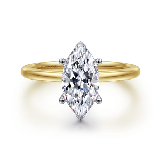 Gabriel - 14K White-Yellow Gold Marquise Shape Solitaire Diamond Engagement Ring
