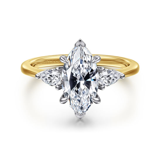 Gabriel - 14K White-Yellow Gold Marquise Shape Three Stone Diamond Engagement Ring