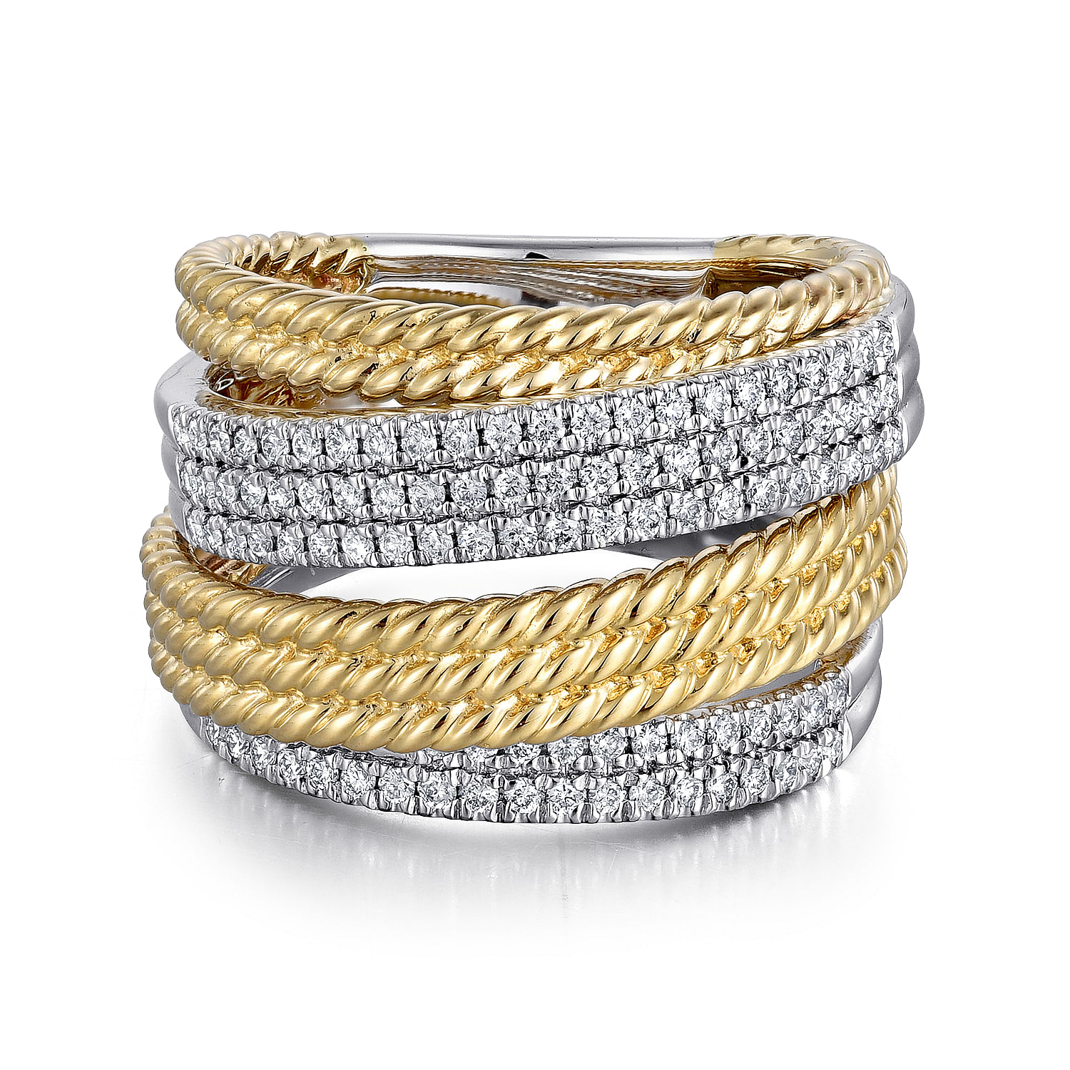 Gabriel - 14K White-Yellow Gold Multi Row Diamond and Twisted Rope Ring