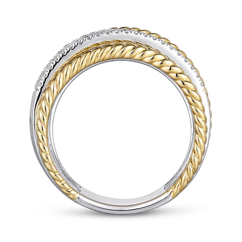 14K White-Yellow Gold Multi Row Diamond and Twisted Rope Ring