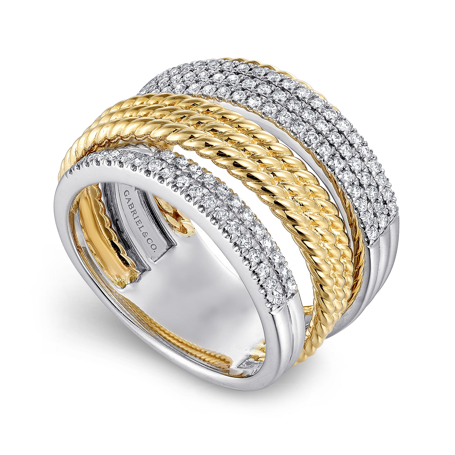14K White-Yellow Gold Multi Row Diamond and Twisted Rope Ring
