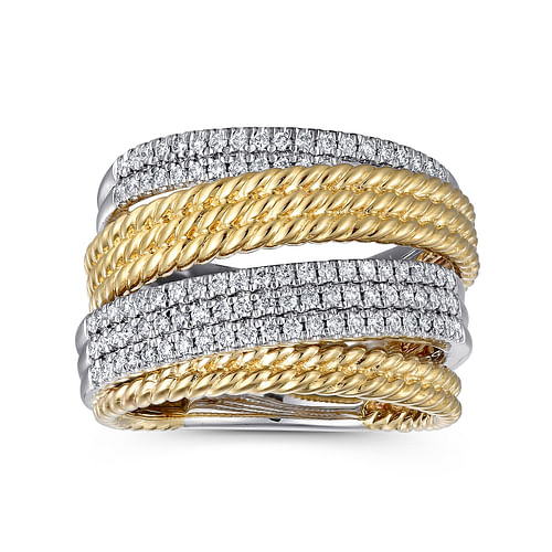 14K White-Yellow Gold Multi Row Diamond and Twisted Rope Ring