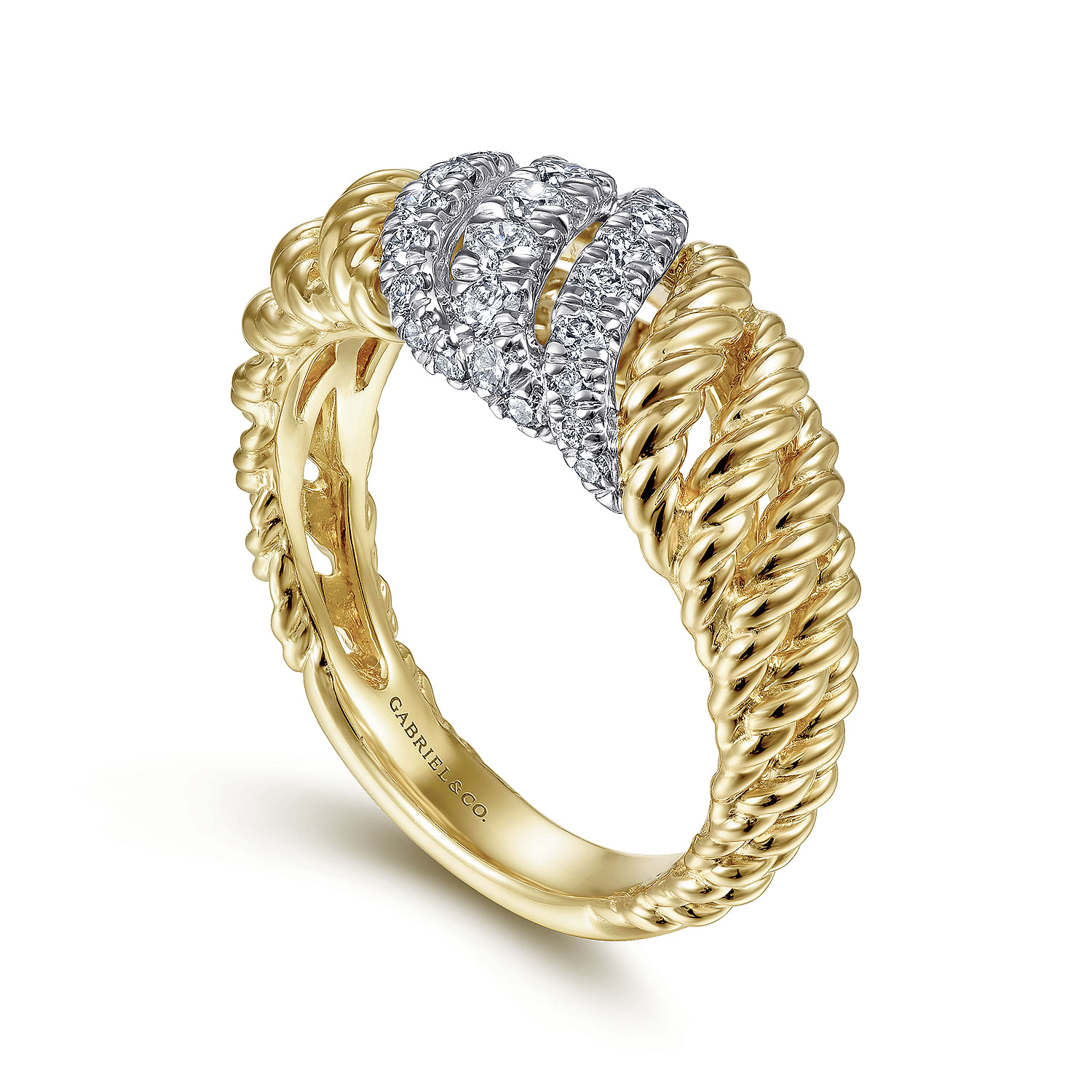 14K White-Yellow Gold Multi Twisted Rope and Diamond Ring 