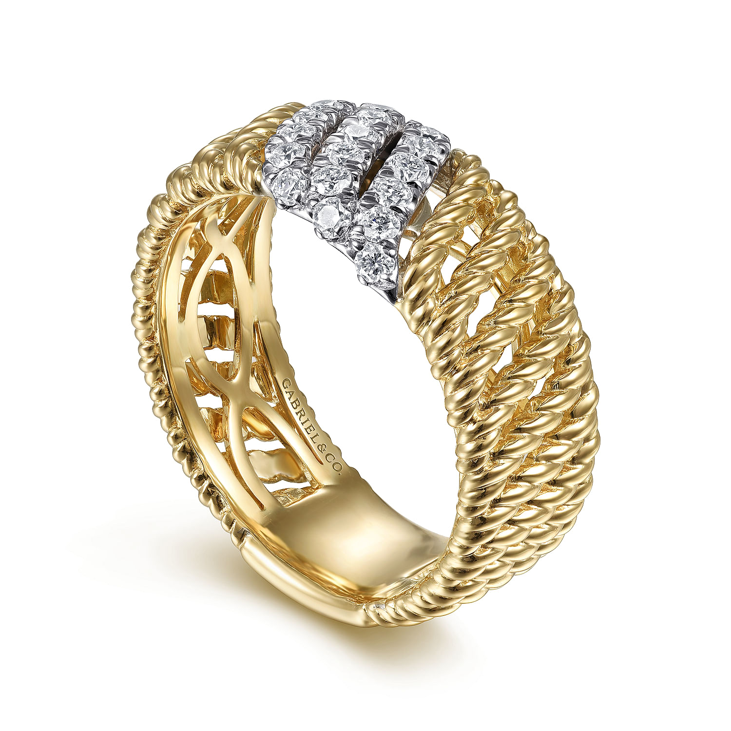 14K White-Yellow Gold Multi Twisted Rope and Diamond Ring 