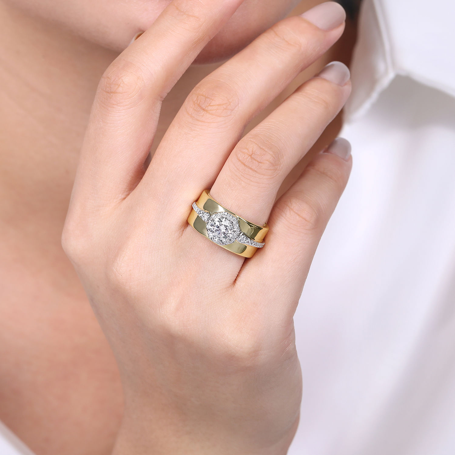 14K White-Yellow Gold Octagonal Halo Round Diamond Engagement Ring