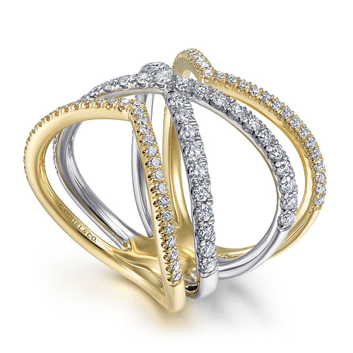 14K White-Yellow Gold Open Diamond Criss Cross Ring