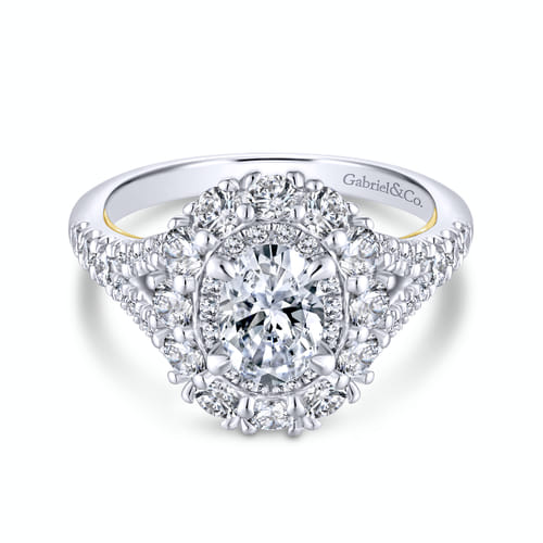 14K White-Yellow Gold Oval Double Halo Diamond Engagement Ring