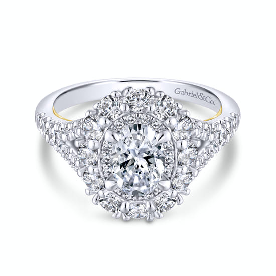 Gabriel - 14K White-Yellow Gold Oval Double Halo Diamond Engagement Ring
