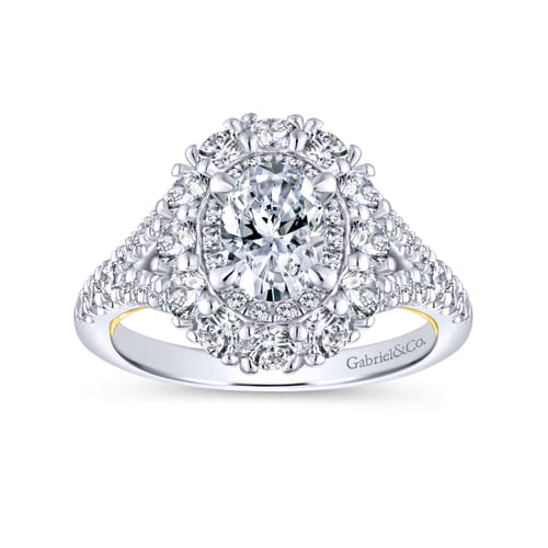 14K White-Yellow Gold Oval Double Halo Diamond Engagement Ring
