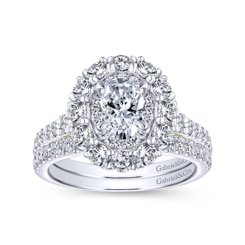 14K White-Yellow Gold Oval Double Halo Diamond Engagement Ring