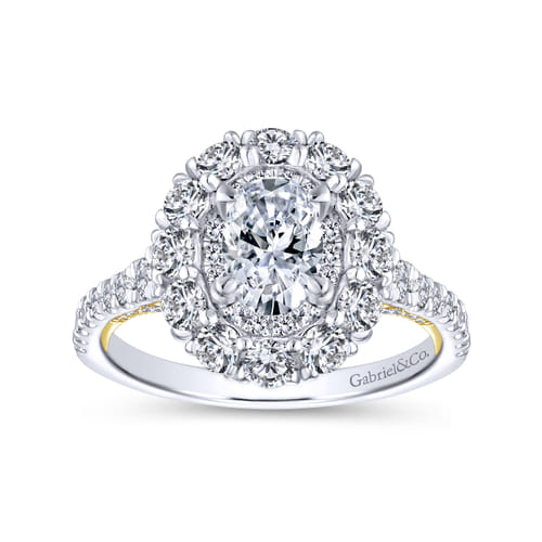 14K White-Yellow Gold Oval Double Halo Diamond Engagement Ring