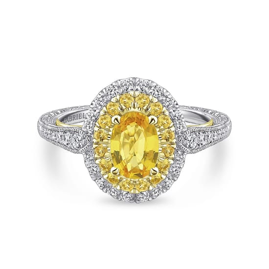 14K White-Yellow Gold Oval Double Halo Diamond and Yellow Sapphire Engagement Ring